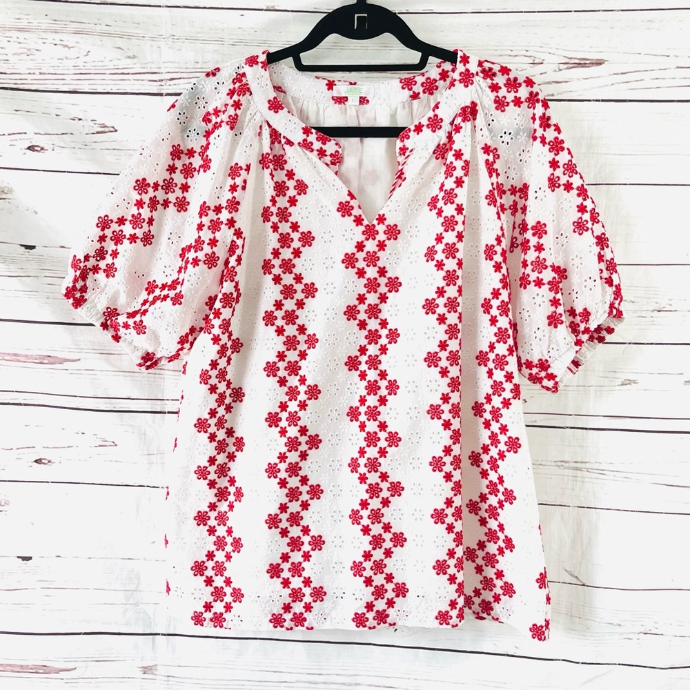 Jade Top Womens Size L White/Red Eyelet V-Neck Embroidered Short Sleeve Floral.